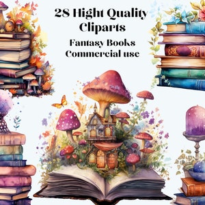 Watercolor Fantasy Books Clipart, galaxy wizard book stacks and shelves PNG format instant download for commercial use, fairy books bundle