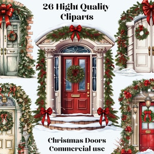 26 Watercolor Christmas Door clipart, bundle high quality PNG files, door with wreath, xmas wreath, xmas decor, front door, printables files