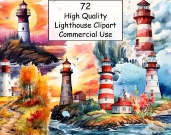 72 Watercolor Lighthouse Clipart, clipart bundle, commercial use, digital download, instant download, Watercolor Lighthouse Clipart