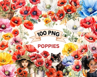 Poppies Watercolor Clipart Bundle - 100 PNG Poppy Flowers Images, Beautiful Floral Graphics, PNG, Instant Digital Download, Commercial Use