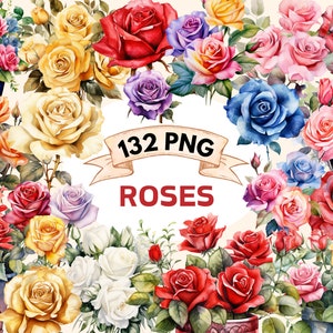 132 Roses Watercolor Clipart Bundle - Pink, Red, Yellow, White, Beautiful Flower, Rose Leaves, PNG, Instant Digital Download, Commercial Use