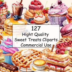 127 zoete lekkernijen aquarel clipart bundel, smakelijke desserts, donut, cookie, cupcakes, macarons, PNG, instant digitale download, commercieel gebruik