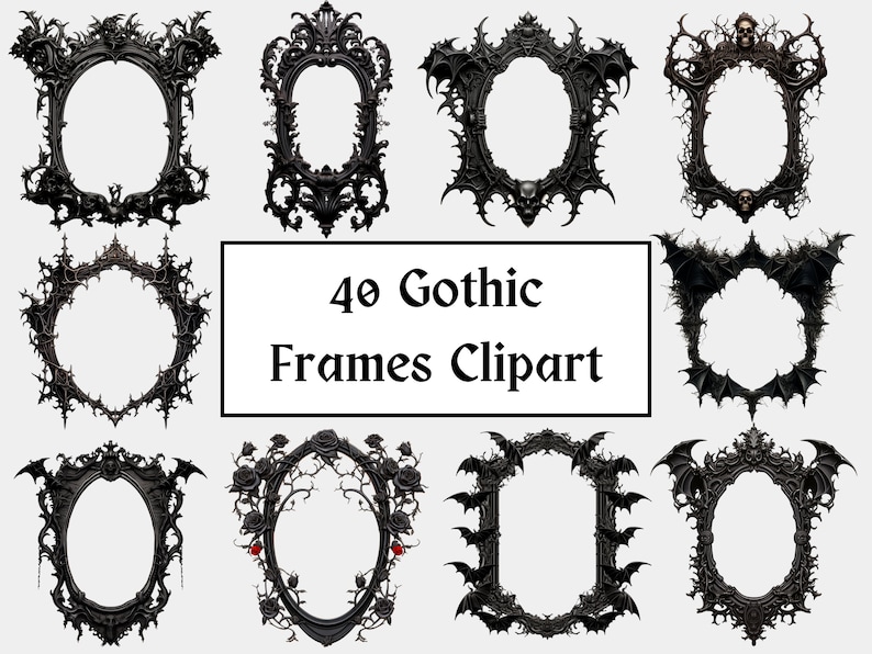 K&ouml;nnte beinhalten: 40 gotische Rahmen-Clipart. Ein Satz schwarzer Rahmen im gotischen Stil mit filigranen Details. Die Rahmen sind perfekt, um Ihren Projekten einen Hauch von gotischem Stil zu verleihen.