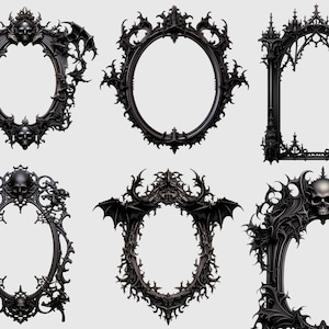 K&ouml;nnte beinhalten: Sechs verzierte schwarze Rahmen mit aufwendigen gotischen Designs, darunter Sch&auml;del, Fl&uuml;gel und T&uuml;rme. Die Rahmen sind alle oval oder rechteckig und haben eine abgenutzte Oberfl&auml;che.
