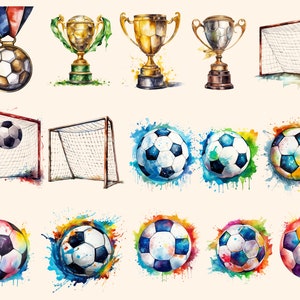 May include: Watercolor illustrations of soccer balls, goals, trophies, and medals. The soccer balls are depicted in various colors and patterns, with some surrounded by colorful watercolor splatters. The goals are shown in a realistic style, with a net and posts. The trophies are gold and silver, with a classic design. The medals are gold and have a ribbon.