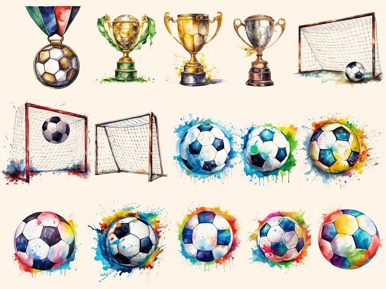 May include: Watercolor illustrations of soccer balls, goals, trophies, and medals. The soccer balls are depicted in various colors and patterns, with some surrounded by colorful watercolor splatters. The goals are shown in a realistic style, with a net and posts. The trophies are gold and silver, with a classic design. The medals are gold and have a ribbon.