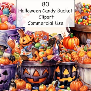 80 Halloween snoepjes emmer aquarel clipart bundel, PNG Trick or Treat-afbeeldingen, zoet dessert, instant digitale download, commercieel gebruik