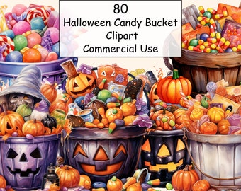 80 Halloween Candies Bucket Watercolor Clipart Bundle, PNG Trick or Treat Images, Sweet Dessert, Instant Digital Download, Commercial Use