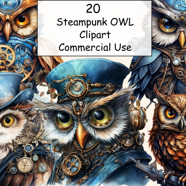 20 Steampunk OWL Watercolor Clipart Bundle, PNG Mechanical OWL Images, Retro-Futuristic Graphics, Digital Download, Commercial Use