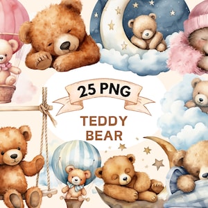 25 Watercolor Teddy Bear Clipart, Sleeping Teddy Bears, Baby Shower Clipart, Boho Teddy Bear Clipart, Cute Teddy Bear Moon, Cloud, Bear PNG