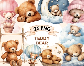 25 Watercolor Teddy Bear Clipart, Sleeping Teddy Bears, Baby Shower Clipart, Boho Teddy Bear Clipart, Cute Teddy Bear Moon, Cloud, Bear PNG