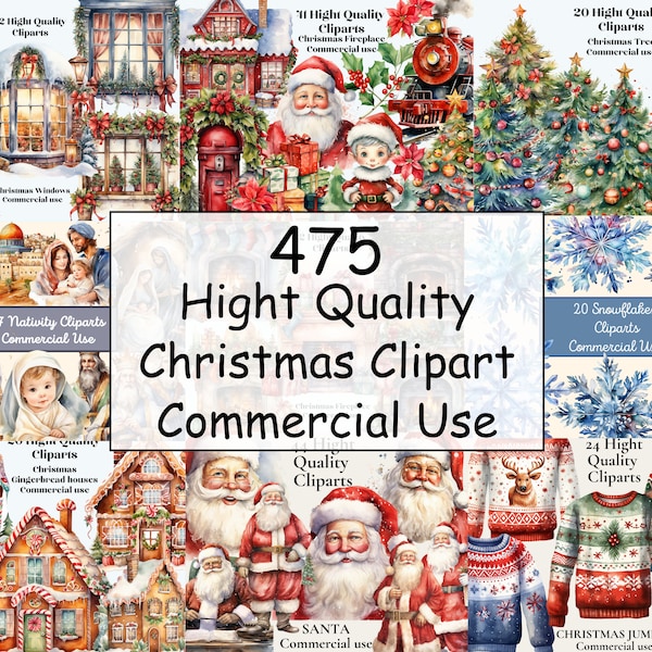 475 Christmas Clipart Mega Bundle, Watercolor PNG high quality, winter holidays, festive clipart, xmas clip art, printable graphics