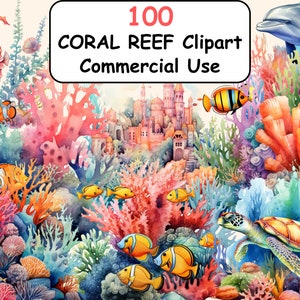 100 Coral Reefs Watercolor Clipart Bundle, Sea Reef Images, Beautiful Underwater Graphics, PNG, Instant Digital Download, Commercial Use