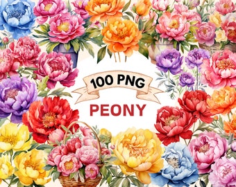 100 Peony Watercolor Clipart, Peonies Clipart, Floral Clipart, spring, Wedding Clipart, Peony Clipart, Watercolor PNG images, commercial use