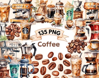 Kaffee Clipart: 135 Kaffeeliebhaber ultimative Bundle Clip Art Grafik-Set in Aquarell, transparente PNG- und JPG-Dateien, Starbucks-Bilder