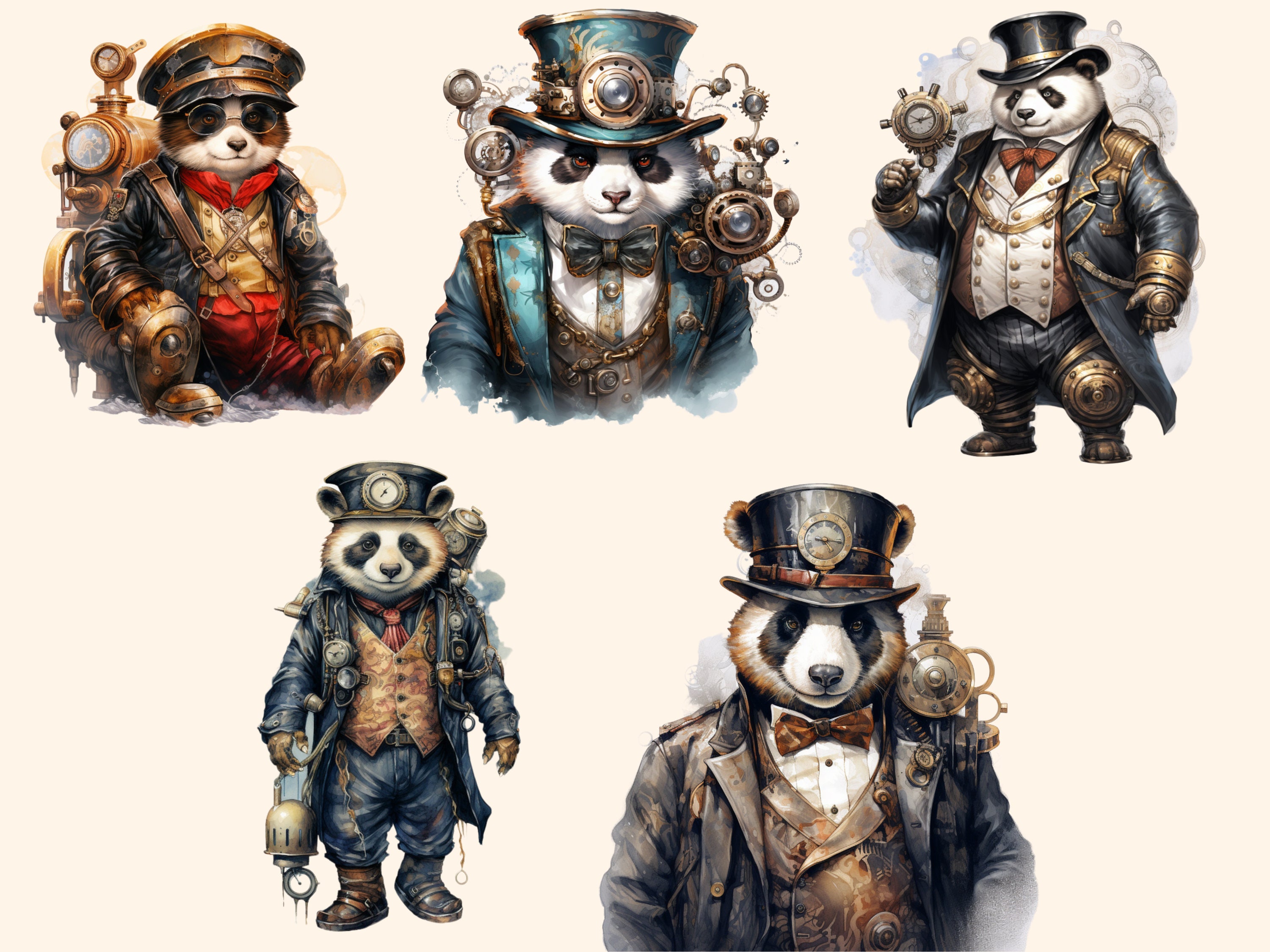 20 Steampunk Panda Watercolor Clipart Bundle, PNG Mechanical Panda ...
