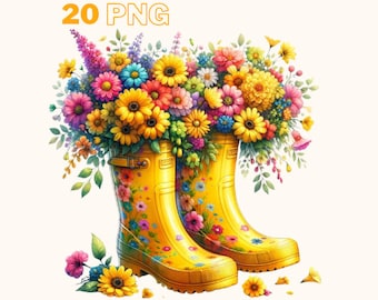 Garden boots illustrations with flowers bundle, fall clipart, spring png, for all your creative projects, commercial use included