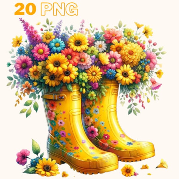 Garden boots illustrations with flowers bundle, fall clipart, spring png, for all your creative projects, commercial use included