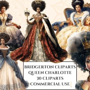 Queen Charlotte Clipart, acuarela Queen clipart, 30 imágenes y cliparts de reina de mujer de cabello afro, hermosa chica negra, Inglaterra del siglo XIX.