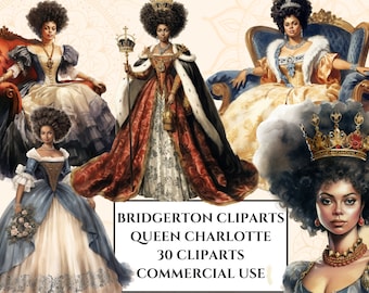Queen Charlotte Clipart, watercolor Queen clipart, 30 Afro hair woman queen images and cliparts, beautiful black girl, 19th century England.