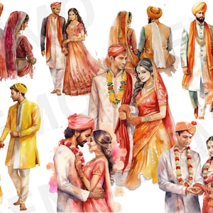 30 cliparts de casamento hindu, elementos de casamento em aquarela de noiva e noivo, PNG de casamento de casal indiano, vestido Lehenga, sapatos Punjabi, Anand Karaj