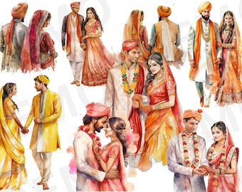 30 Hindu Wedding Cliparts, Bride & groom watercolor Wedding elements, Indian Couple Wedding PNG, Lehenga Dress, Punjabi shoes, Anand Karaj