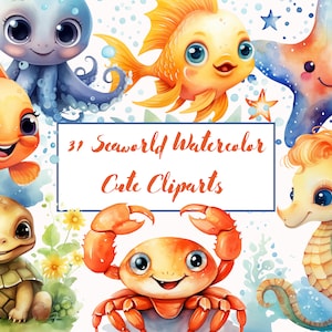 Imágenes prediseñadas de acuarela submarina, libro para niños, decoración de la guardería, arte de la pared del bebé, pulpo, medusa, ballena, lindos animales del océano png, baby shower