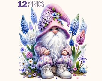 Watercolor Hyacinth Gnome Clipart Bundles, Gnome With Flowers, Clipart For Gardeners, Spring Gnomes, Sublimation Designs Downloads