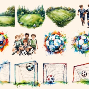 May include: Watercolor illustration of a soccer field, soccer balls, soccer players, and soccer goals. The illustration is in a cartoon style and features bright colors.