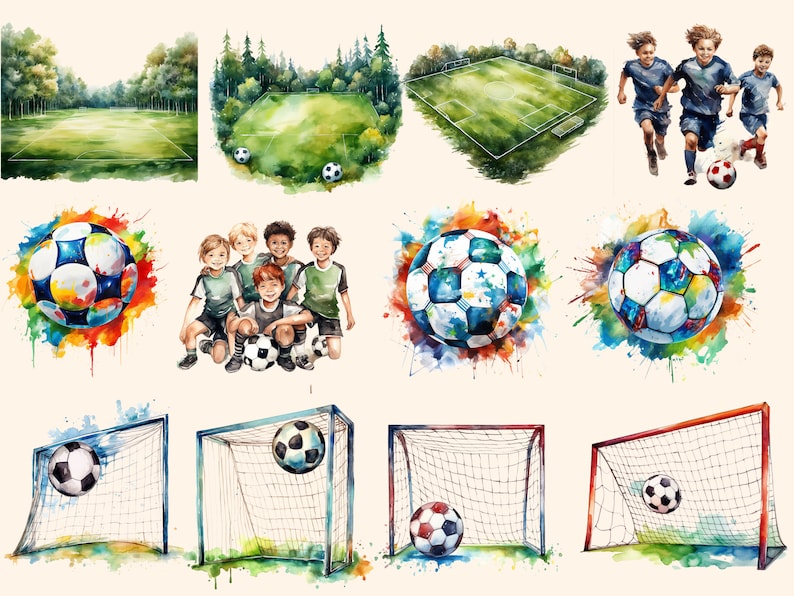 May include: Watercolor illustration of a soccer field, soccer balls, soccer players, and soccer goals. The illustration is in a cartoon style and features bright colors.
