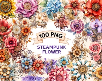 100 Steampunk Flowers Watercolor Clipart Bundle - PNG Mechanical Floral Images, Botanical Graphics, Instant Digital Download, Commercial Use