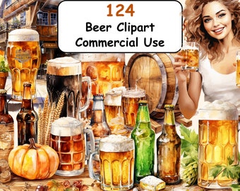 124 Paquete de imágenes prediseñadas de acuarela de cerveza, cervezas PNG imágenes imprimibles, gráficos de cerveza y cerveza, PNG, descarga digital instantánea, uso comercial