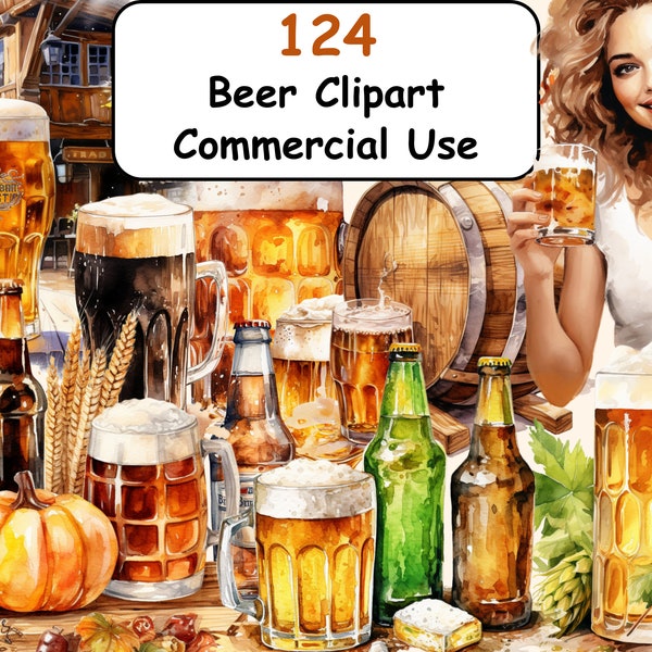 124 Beer Watercolor Clipart Bundle, Beers PNG Printable Images, Lager and Ale Graphics, PNG, Instant Digital Download, Commercial Use