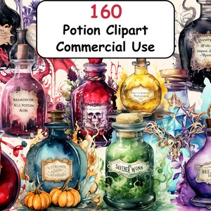 May include: A collection of 160 watercolor potion clipart images for commercial use. The images feature various colored glass bottles with labels and stoppers, some with skulls and other designs. The bottles are surrounded by watercolor splatters and other decorative elements.