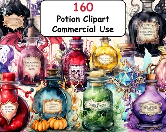 Paquete de imágenes prediseñadas de acuarela de poción de bruja 160, imágenes de pociones PNG, gráficos de elixir de brujería mágica, descarga digital instantánea, uso comercial