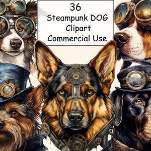 36 Steampunk Dog Watercolor Clipart Bundle, PNG Mechanical Dogs Images, Retro-Futuristic Graphics, Digital Download, Commercial Use
