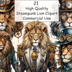21 Steampunk Lion Clipart, Aquarelle Steampunk Png, Steampunk Animal, Art Print, Sublimation bundle png, Lion Clip art Png, Digital Png