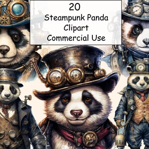 20 Steampunk Panda aquarel clipart bundel, PNG mechanische Panda-afbeeldingen, retro-futuristische graphics, digitale download, commercieel gebruik