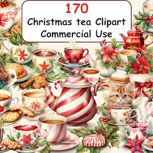 Pacchetto di clipart acquerello tè di Natale, 170 immagini PNG di bevande alla menta piperita, grafica della tazza da tè natalizia, download digitale istantaneo, uso commerciale