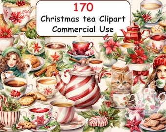 May include: Watercolor illustration featuring Christmas tea clipart with teacups, teapots, cookies, and festive decorations. The image includes the text "170 Christmas tea Clipart Commercial Use". The color palette includes red, white, and green.