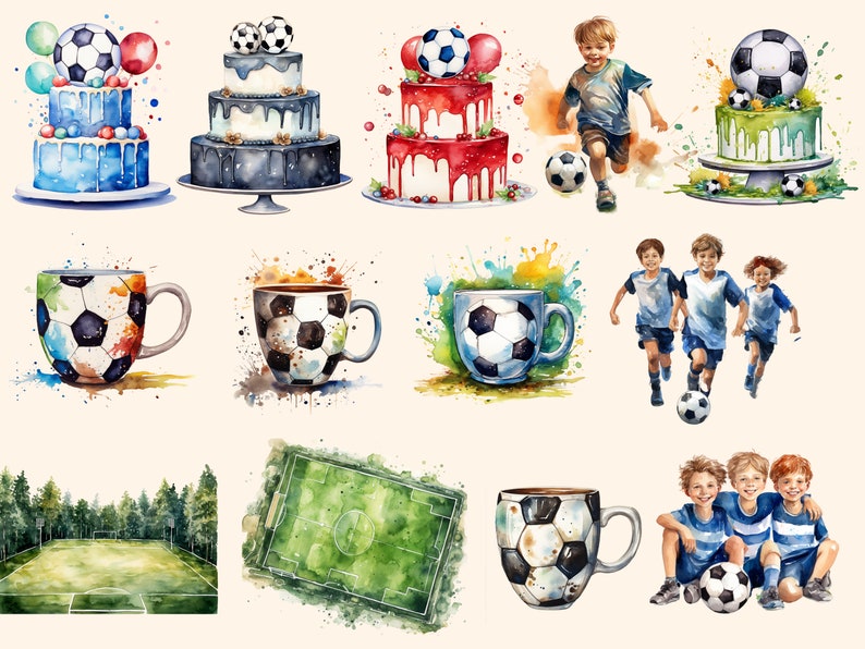 May include: Watercolor illustrations of soccer-themed cakes, mugs, and a soccer field. The cakes are decorated with soccer balls and have colorful frosting. The mugs are painted with soccer balls and have colorful splashes of paint. The soccer field is green and has white lines.