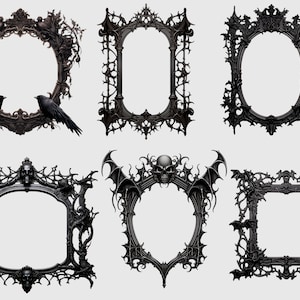 K&ouml;nnte beinhalten: Sechs verzierte schwarze Rahmen mit gotischen Details. Die Rahmen sind mit Sch&auml;deln, Flederm&auml;usen und Ranken verziert. Sie sind perfekt, um jedem Raum einen Hauch von Dunkelheit zu verleihen.