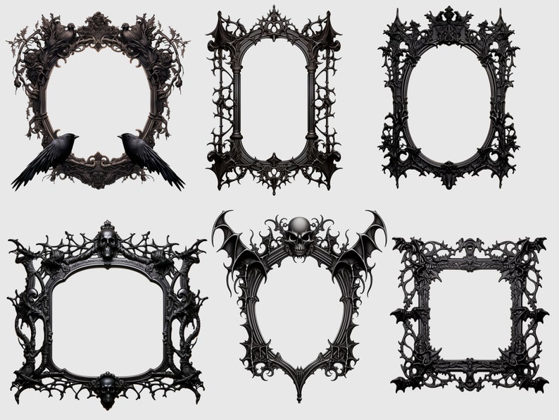 K&ouml;nnte beinhalten: Sechs verzierte schwarze Rahmen mit gotischen Details. Die Rahmen sind mit Sch&auml;deln, Flederm&auml;usen und Ranken verziert. Sie sind perfekt, um jedem Raum einen Hauch von Dunkelheit zu verleihen.