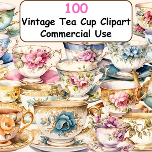 Pacchetto di clipart acquerello tè vintage, 100 immagini PNG di tazze da tè antiche, grafica vintage Tea Time, download digitale istantaneo, uso commerciale