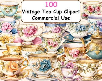 Vintage Tee Aquarell Clipart Bundle, 100 PNG antike Teetasse Bilder, Tea Time Vintage Grafiken, sofortiger digitaler Download, kommerzielle Nutzung