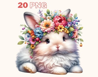 Spring Rabbit Clipart, 20 High Quality PNGs, Nursery Art, Digital Download | Card Making, Cute Rabbit Clipart, Floral clipart