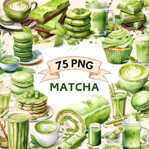 Matcha Latte Desserts Clipart, Makronen png, Grüntee und Latte Grafiken, Aquarell Essen & Japanische Süßigkeiten Clip Art, kommerzielle Nutzung