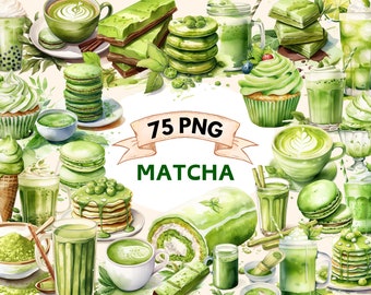 Matcha latte Desserts Clipart, Macaroons png, Green Tea and Latte Graphics, Watercolor Food & Japanese Sweets Clip Art, Commercial Use