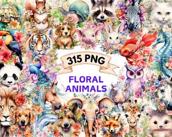 315 Spring Floral Animals Watercolor Clipart Bundle, PNG Springtime Pet Images with Floral Accents, Instant Digital Download, Commercial Use