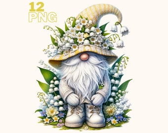 Lily of the valley Gnome illustrations bundle, Floral Gnome PNGs, Gnome clipart for all your creative projects, commercial use included